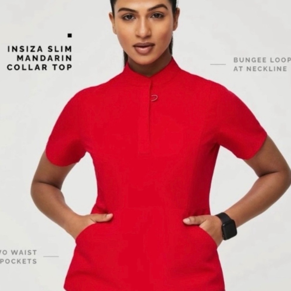 FIGS Insiza Slim Mandarin Collar Top Red‎